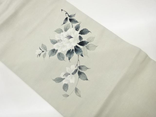 手織り紬手描き花葉模様名古屋帯